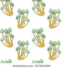 Pattern family Mycena, hand-drawn doodle sketch with beautiful cap. 