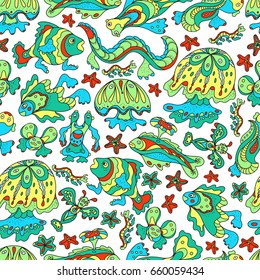 A pattern of fancy bizarre sea creatures. Style Doodle. Vector illustration.