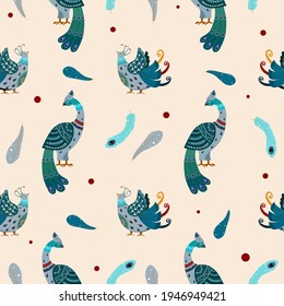 Pattern with fantastic bluebird and peacock in cartoon style. Endless texture on beige background. Print for fabric, textile, bed linen, wall paper.