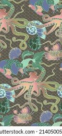 Pattern of fantastic fishes and octopus. Suitable for fabric, wrapping paper and the like.