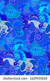 Pattern of fantastic fishes  and octopus. Vector illustration. Suitable for fabric, wrapping paper and the like