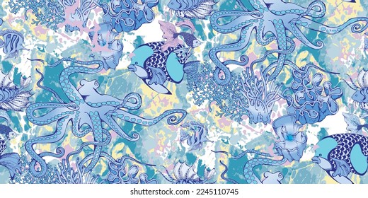 Pattern of fantastic fishes and octopus. Vector illustration. Suitable for fabric, wrapping paper and the like.