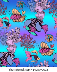 Pattern of fantastic fishes and sea voyages. Vector illustration. Suitable for fabric, wrapping paper and the like