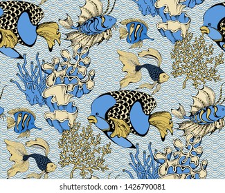 Pattern of fantastic fishes and sea voyages. Vector illustration. Suitable for fabric, wrapping paper and the like