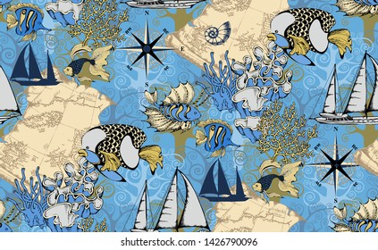 Pattern of fantastic fishes and sea voyages. Vector illustration. Suitable for fabric, wrapping paper and the like