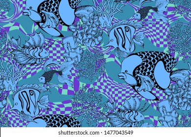 Pattern of fantastic fishes and sea voyages. Vector illustration. Suitable for fabric, wrapping paper and the like

