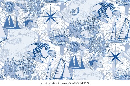 Pattern of fantastic fishes and sea voyages. In style Toile de Jou. Vector illustration. Suitable for fabric, wrapping paper and the like.