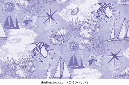 Pattern of fantastic fishes and sea voyages. Vector illustration. Suitable for fabric, wrapping paper and the like