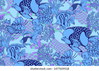 Pattern of fantastic fishes. Vector illustration. Suitable for fabric, wrapping paper and the like