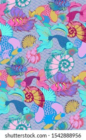 Pattern of fantastic fishes. Vector illustration. Suitable for fabric, wrapping paper and the like