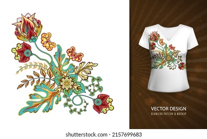 Pattern with fantastic flowers, hand-drawn. Preparation for embroidery. Demonstration on the layout of a women's T-shirt. Vector illustration