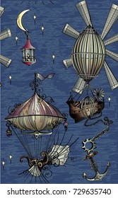 Pattern with fantasy air balloon,air ship,aerostat, stars,moon on blue sky with graphic in steampunk style,vector
