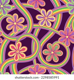 Pattern with fantasy chamomile flower, striped psychedelic waves, swirls. Bright neon fluorescent colors Good for apparel, fabric, textile, surface design. 1960s style retro background.