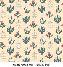 Patrón sin foco con fantasía de plantas exóticas en beige.  Fondo vectorial. Perfecto para imprimir en la tela, el paquete de diseño y la cubierta
