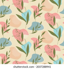 Pattern with fantasy leaves and abstract spots. Vector illustration for use in design, covers, flyers, invitations and greetings, prints, fabrics, packaging.