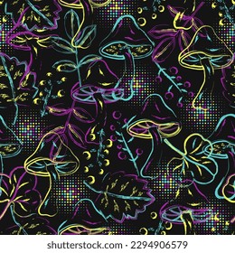 Pattern with fantasy magic mushrooms, forest foliage in grunge style. Bright unusual nature in neon fluorescent colors. For fantasy, groovy, hippie, mystical, surreal design