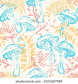 Patrón con hongos mágicos de fantasía, follaje forestal de estilo grunge. Naturaleza luminosa e insólita en tonos pastel pálidos sobre fondo blanco. Para el diseño groovy hippie