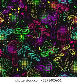 Pattern with fantasy magic mushrooms in grunge style. Bright unusual fungus in neon fluorescent colors. Good for fairytale, groovy, hippie, mystical, surreal design