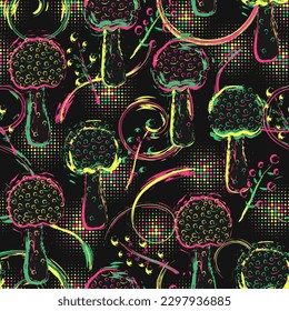 Pattern with fantasy mushroom amanita in grunge style. Bright unusual nature in neon fluorescent colors. For fantasy, groovy, hippie, mystical, surreal design