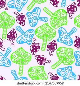 
Patrón con hongos de fantasía, fondo lineal en colores verde, azul y violeta.