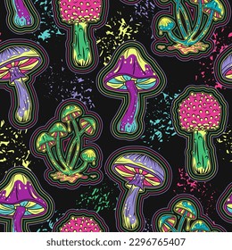 Pattern with fantasy mushrooms, paint splatter. Bright neon fluorescent colors Good for apparel, fabric, textile, surface design