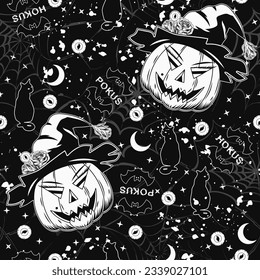 Pattern with fantasy pumpkin like witch, eyeballs, silhouette of bat, cat, crescent, stars, spiderweb behind. Holiday illustration on dark background