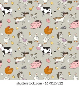 Pattern with farm animals. Cute cartoon horse, cow and goat, sheep and goose, chicken and pig.