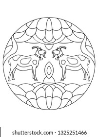 Pattern with a farm goat. Illustration with a goat. Mandala with an animal.  Goat in a circular frame. Coloring page for kids and adults.