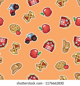 Pattern farm house and tractor, farming windmill, hat, horseshoe, rural wheelbarrow, apple and pie. Farming lifestyle seamless pattern