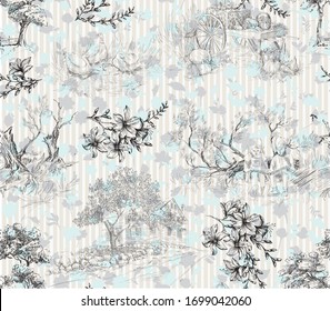 Pattern with farm life with trees, house, flowers on background with stripes and small flowers and leaves in toile de jouy stile