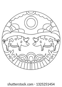 Pattern with farm pig. Illustration with a pig. Mandala with an animal. Swine in a circular frame. Coloring page for kids and adults.