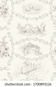 Pattern with farm with scenes country side life with trees, cart with vegetables with frames from brunches with leaves and buds in beige colors in toile de jouy stile