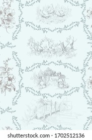 Pattern with farm with scenes country side life with trees, cart with vegetables with frames from brunches with leaves and buds in light blue colors in toile de jouy stile