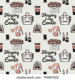 Pattern with fashion accessories. Trend hand drawn fashion accessory sketch seamless pattern in vogue style. Fashionable background