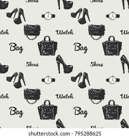Pattern with fashion accessories. Trend hand drawn fashion accessory sketch seamless pattern in vogue style. Fashionable background