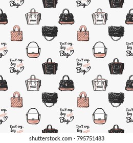 Pattern with fashion accessories. Trend hand drawn fashion accessory sketch seamless pattern in vogue style. Fashionable background