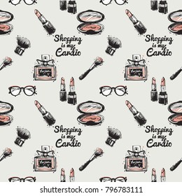 Pattern with fashion accessories. Trend hand drawn fashion accessory sketch seamless pattern in vogue style. Fashionable background