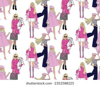 Pattern with fashion girls in vintage style	