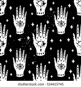 Pattern fashion hands hamsa fatima amulet symbol of protection. Old Vector illustration cartoon 80s-90s Comic style. 