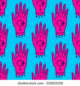 Pattern fashion hands hamsa fatima amulet symbol of protection. Old Vector illustration cartoon 80s-90s Comic style. 