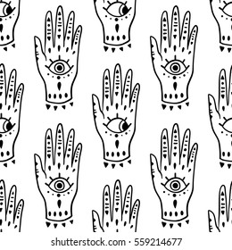 Manos de moda de patrón hamsa fatima amuleto símbolo de protección. Dibujo de la vieja ilustración del vector 80s-90s