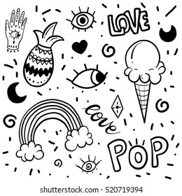 Pattern fashion letters, rainbow, hand, moon, ice creams. Old Vector illustration cartoon 80s-90s Comic style. 