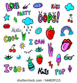 Pattern fashion letters, rainbow, hand, moon, ice creams. Old Vector illustration cartoon 80s-90s Comic style. 