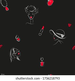 pattern, fashion, on a black background, white contours of girls, fashionable, perfume, lipstick, mirror, vector, seamless