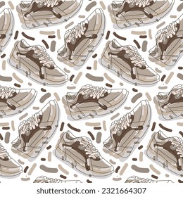 The pattern of fashionable women's sports sneakers in delicate shades, the contour of shoes with colored inserts and spots in a seamless pattern. Casual and festive shoes. Sporty female background