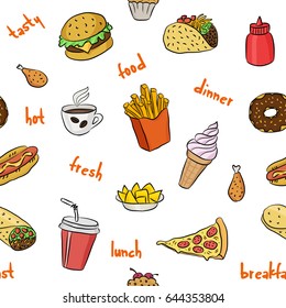 Pattern with fast food hand drawn colored icons. Doodle illustrations of burger, pizza slice, ice cream. Vector background with food illustrations for bistro, fast food chains, restaurants, snack-bar