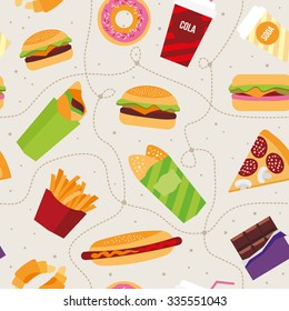 Pattern from fast food illustrations on a beige background.