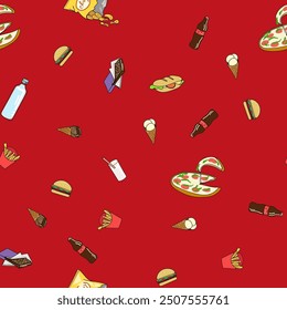  Pattern with fast food on a bright red appetizing background. Vector illustration