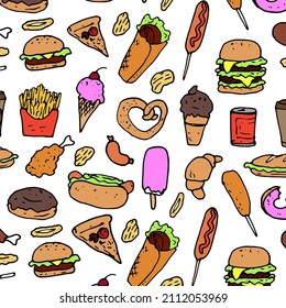 A pattern from fast food. Seamless pattern of ice cream, croissants, pizza, hamburgers, sandwiches, hot dog, drawn in doodle style, in color for restaurant design template