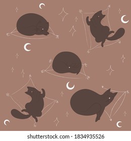 Muster - fette Katzen, die auf Kissen um die Sterne schlafen. Cartoon Katze Set mit verschiedenen Posen.